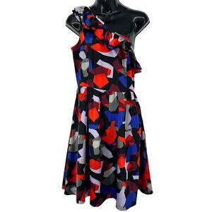 Kensie One Shoulder Black, Red and Blue Geometric Dress Size 10 New with Tags